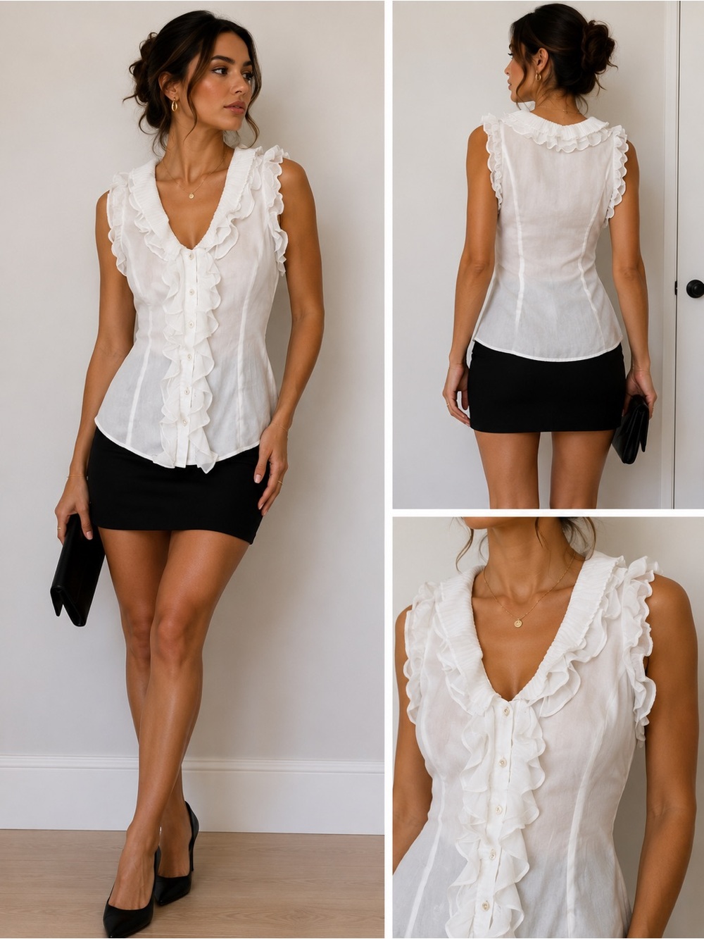Ruffled Button-Front Sleeveless Blouse - White